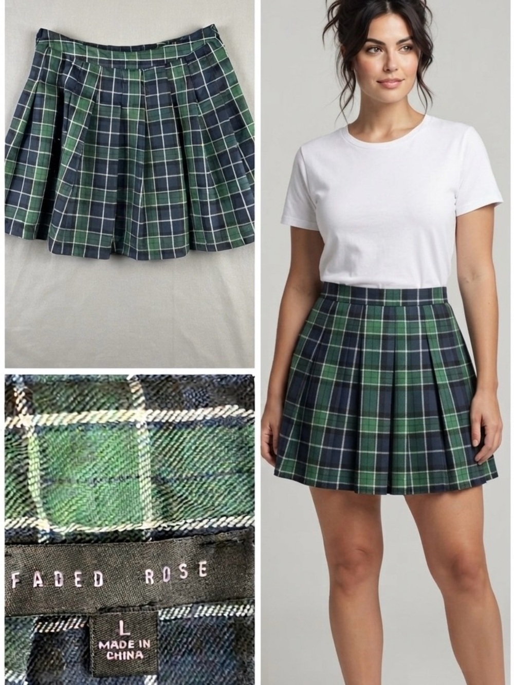 Faded Rose Pleated Mini Skirt L Blue Green Plaid Preppy Whimsigoth Moody Schoolg